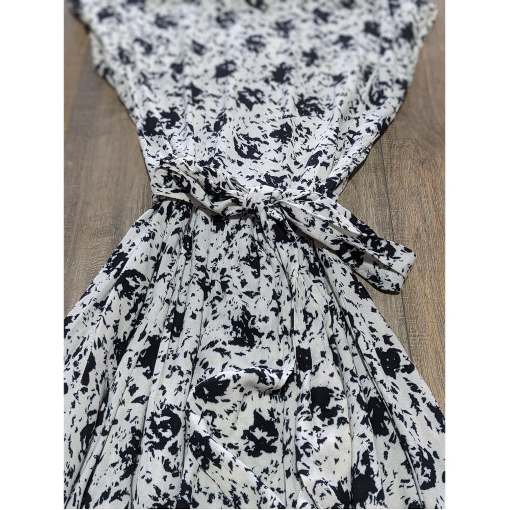Nicole Miller Dress Womens 10 White Black Print Short Sleeve Tie Waist Casual - Picture 2 of 9